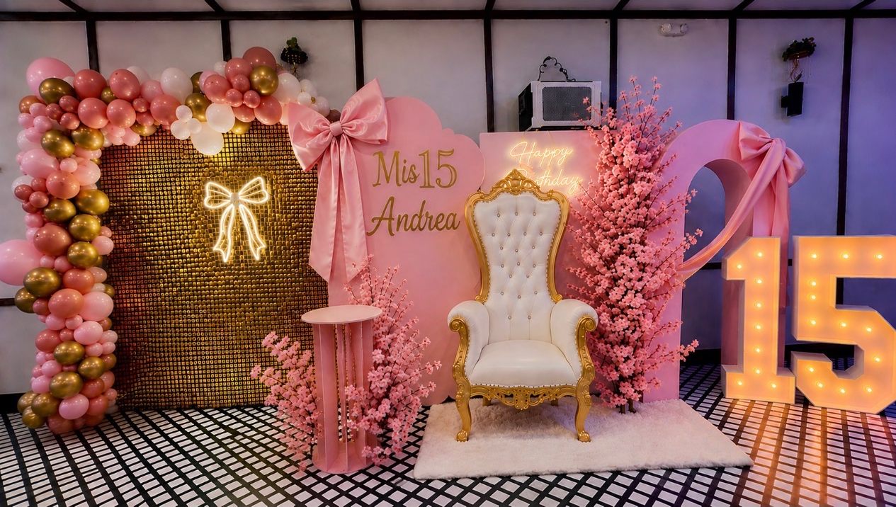 Pink and gold quinceañera setup with balloon arch, gold shimmer wall, throne chair, cherry blossoms, and a light-up 15